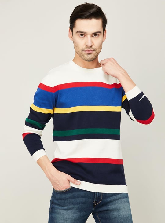 PEPE JEANS Men Striped Full Sleeves Sweater White