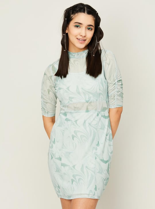 GINGER Women Printed Half Sleeves Bodycon Dress Blue