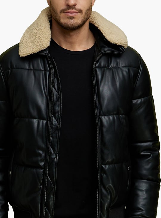 CELIO Men Solid Zip Closure Quilted Jacket | Black