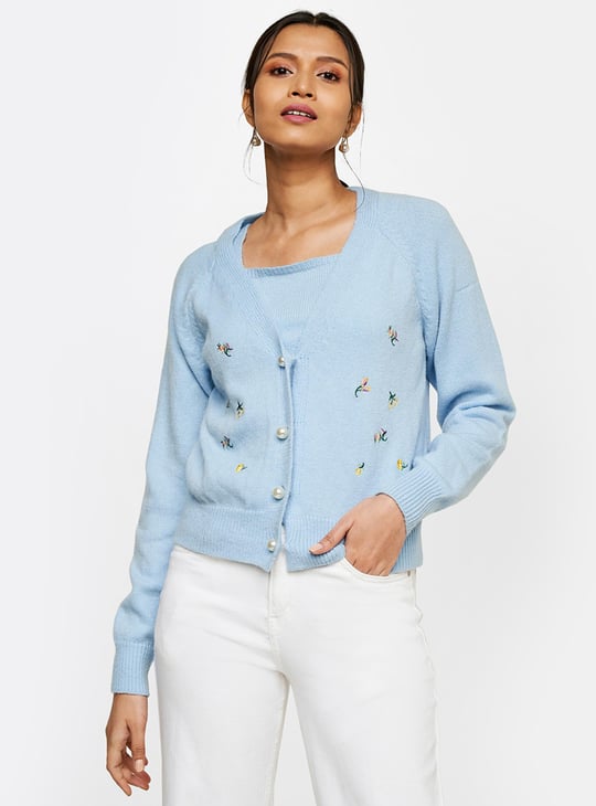 AND Women Embroidered V-Neck Cardigan with Solid Inner Blue