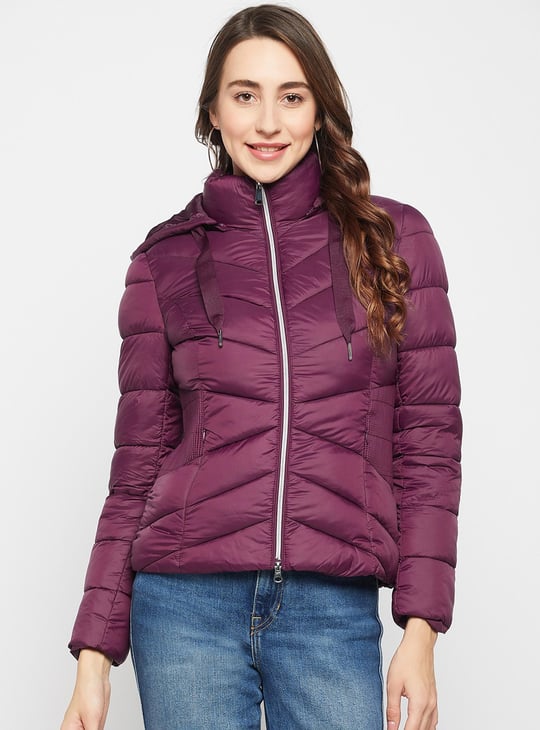 MADAME Women Solid Hooded Padded Jacket Purple