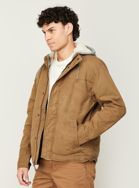 AMERICAN EAGLE Men Solid Hooded Casual Jacket Brown