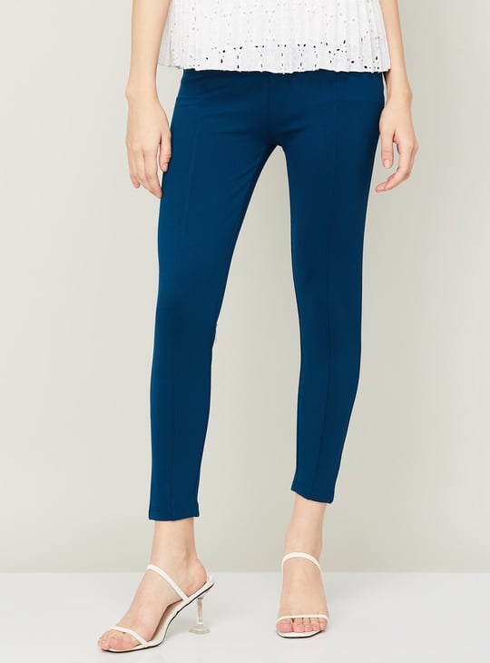 CODE Women Solid Elasticated Treggings Blue