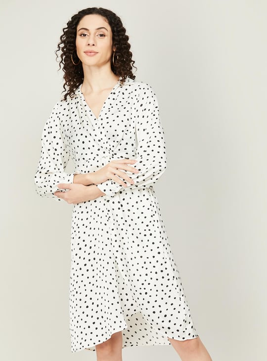 ALLEN SOLLY Women Polka Dot Pleated Wrap Dress White