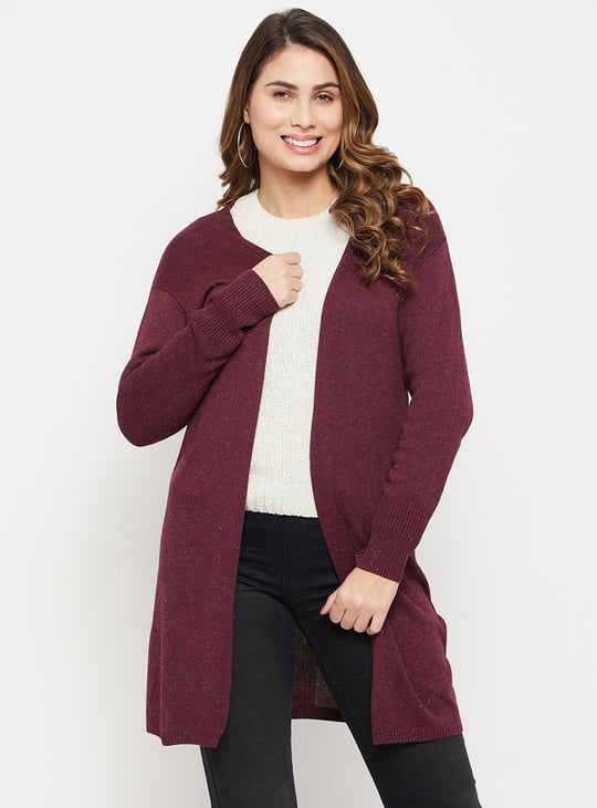 MADAME Women Solid Longline Shrug Red