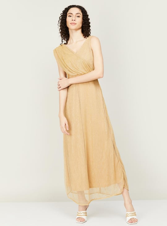 FABALLEY Women Textured V Neck Maxi Dress Gold