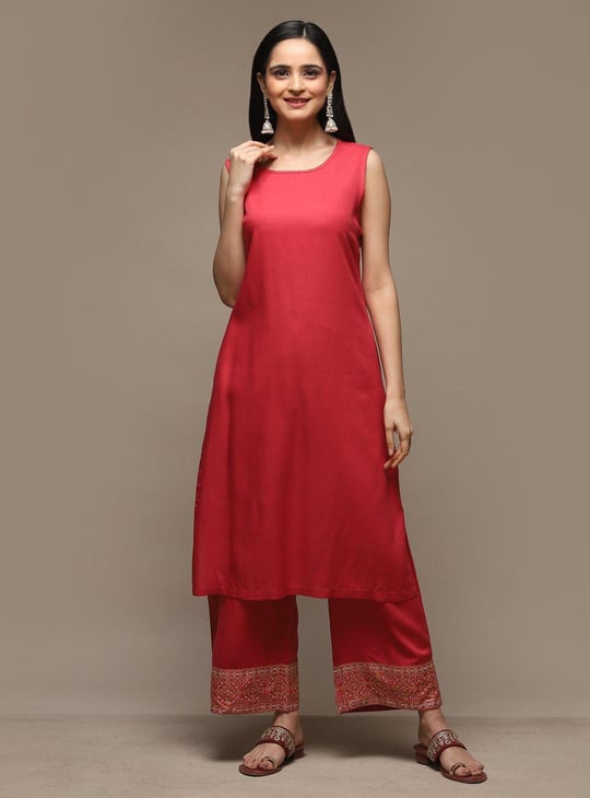 BIBA Women Solid Straight Kurta with Palazzos and Longline Jacket