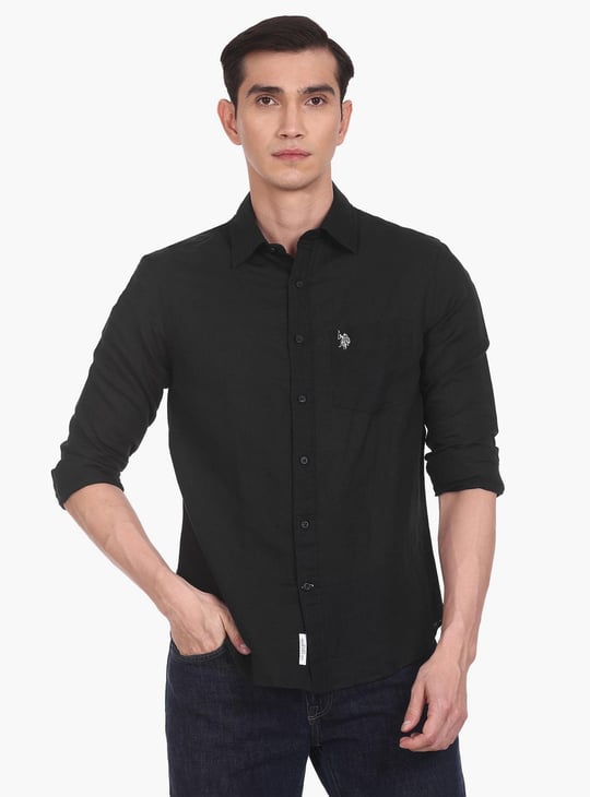 U.S. POLO ASSN. Men Solid Full Sleeves Regular Fit Casual Shirt | Black