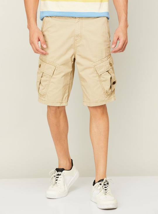 T-BASE Men Solid Button Fly Regular Fit Cargo Shorts Beige