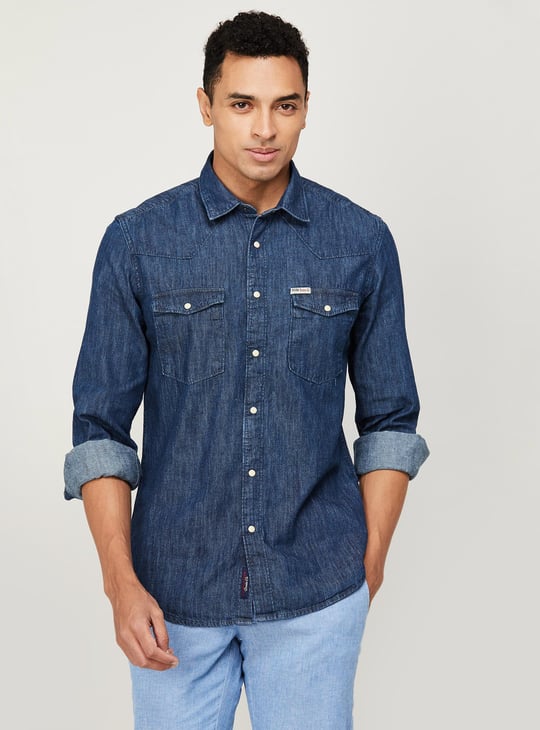 POLO Men Solid Slim Fit Denim Casual Shirt