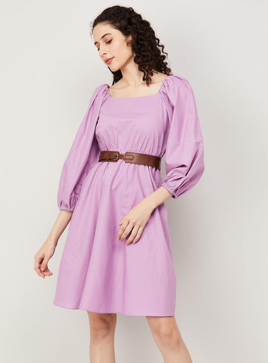 FABALLEY Women Solid A Line Dress WIth Belt