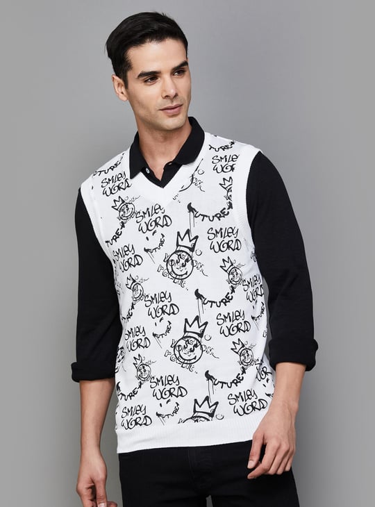 SmileyWorld Men Printed Sleeveless Pullover Sweater