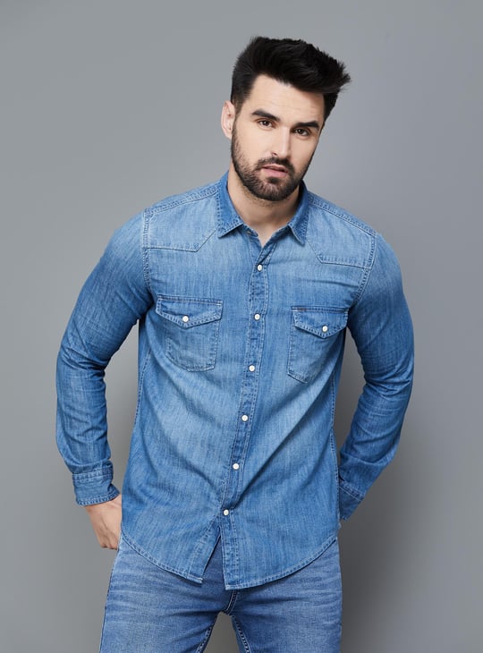PEPE JEANS Men Washed Regular Fit Denim Shirt Blue