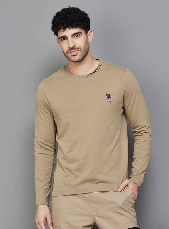 POLO Men Solid Regular Fit Cotton T-shirt Beige