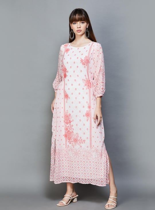 GLOBAL DESI Women Floral Printed Maxi Dress with Side Slit Pink