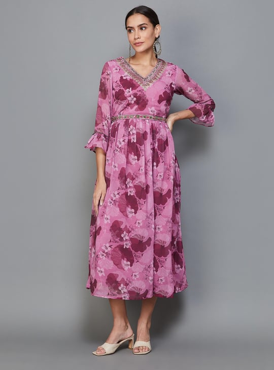 NEERUS Women Printed V-Neck A-line Dress