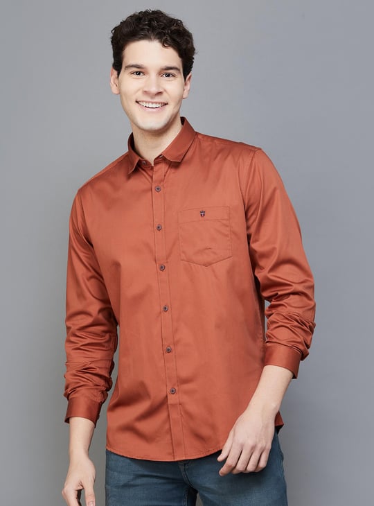 LP JEANS Men Solid Slim Fit Casual Shirt Orange