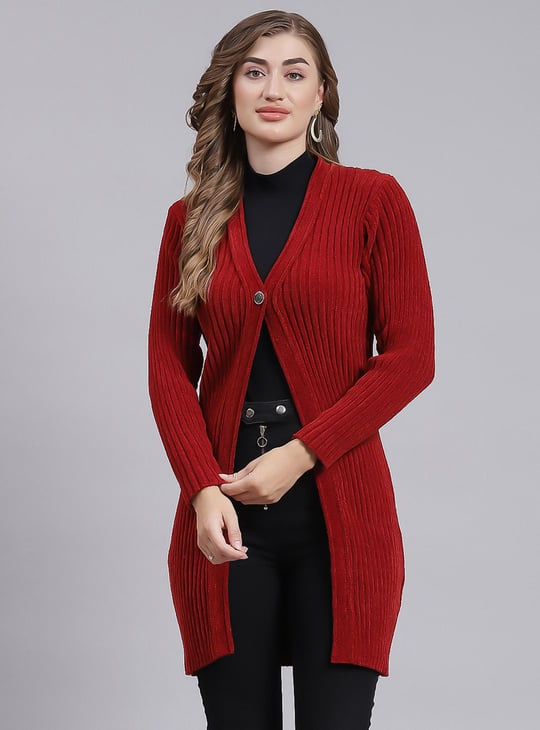 MONTE CARLO Women Knitted Longline Cardigan Maroon