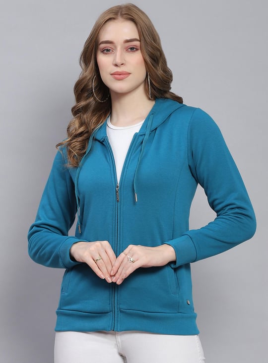 MONTE CARLO Women Solid Zipped Hooded Sweatshirt