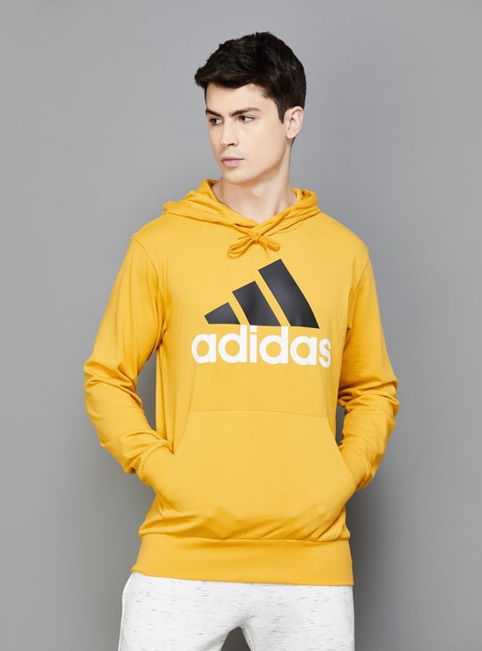 ADIDAS Men Printed Hooded Sweatshirt Yellow