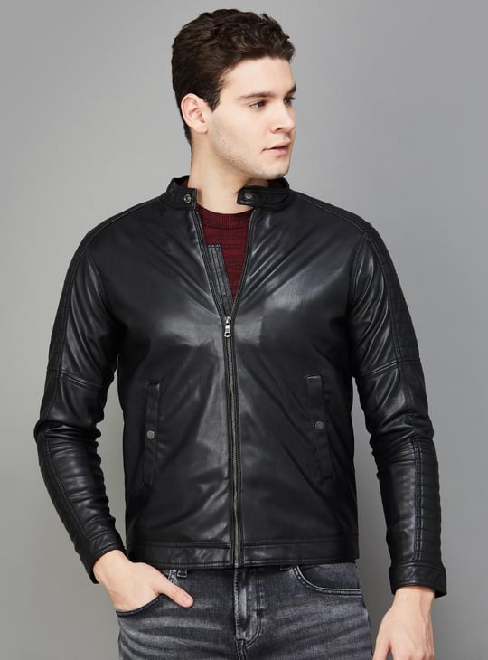 CELIO Men Solid Biker Jacket Black