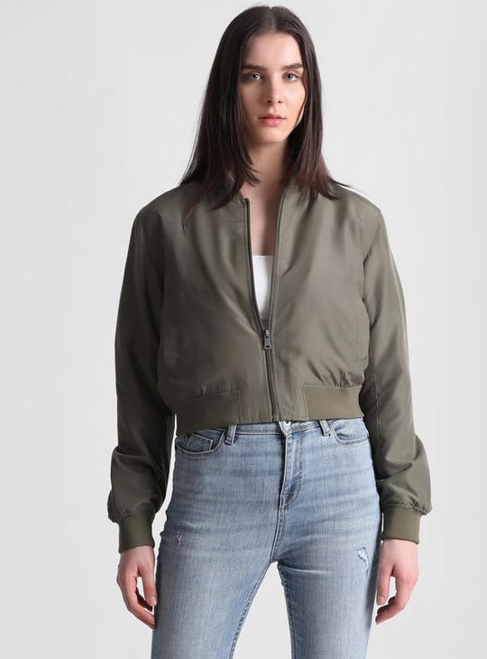 ONLY Women Solid Cropped Bomber Jacket