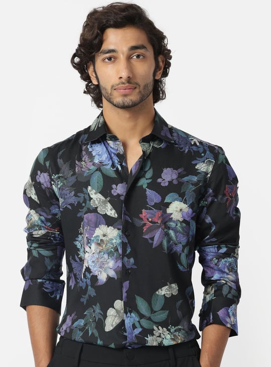RARE RABBIT Men Floral Print Regular Fit Casual Shirt Black