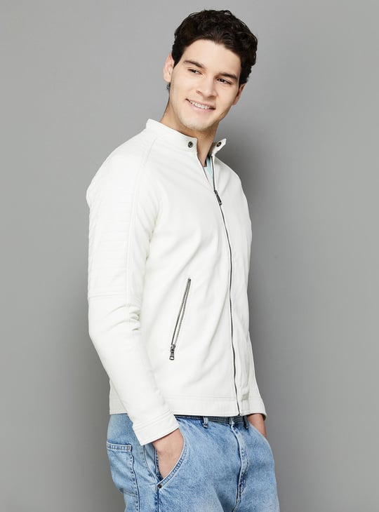 CELIO Men Solid Biker Jacket | White