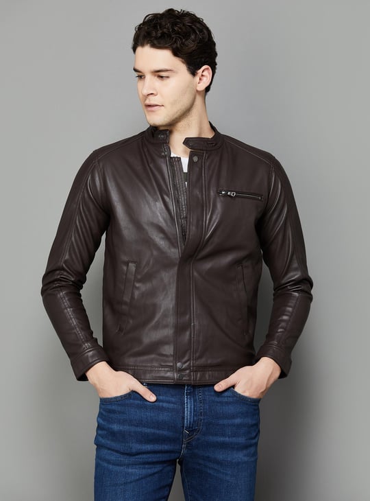 CELIO Men Solid Biker Jacket Brown