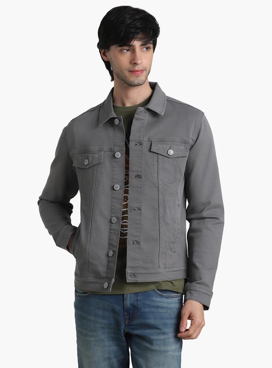 JACK JONES Men Solid Alvin Fit Denim Jacket Grey