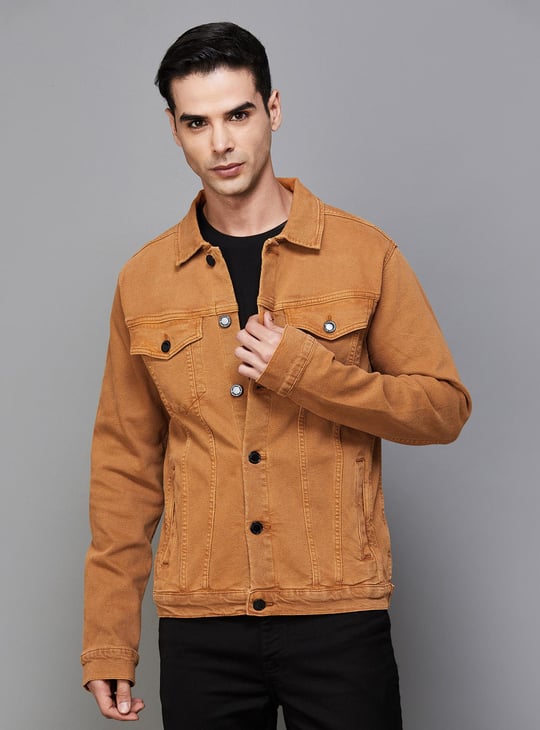 JACK JONES Men Solid Regular Fit Denim Jacket Brown