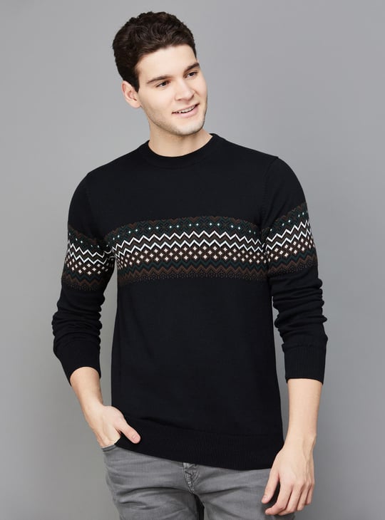 CELIO Men Printed Pullover Sweater Black