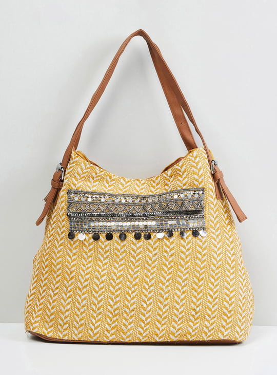 MAX Women Embellished Tote Bag Yellow Cotton