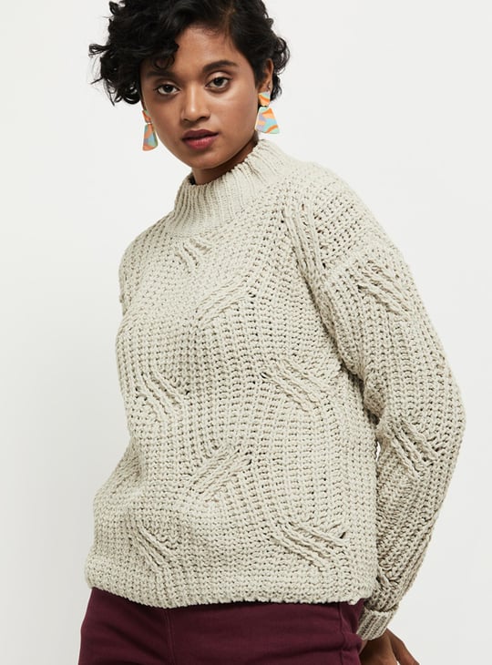 Women Textured High-Neck Pullover Sweater