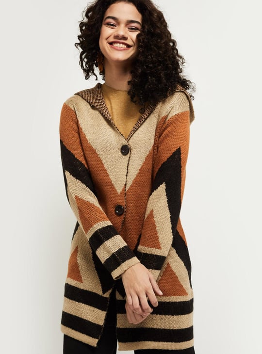 MAX Women Colourblocked Hooded Longline Sweater