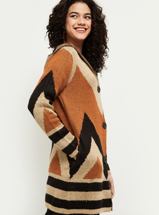 MAX Women Colourblocked Hooded Longline Sweater