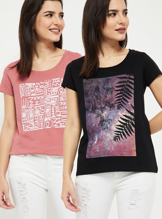 Women Printed Round Neck T-shirt - Pack of 2  