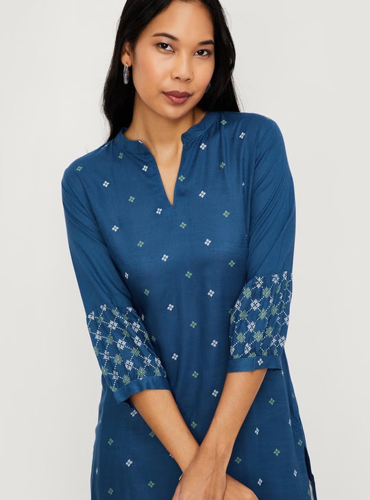 Women Cotton Printed Band Collar Kurta