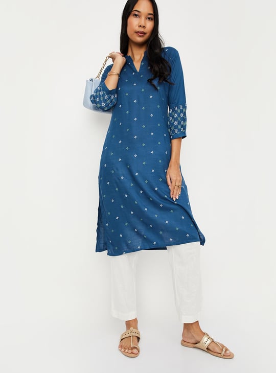 Women Cotton Printed Band Collar Kurta