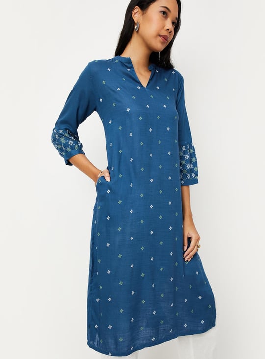 Women Cotton Printed Band Collar Kurta