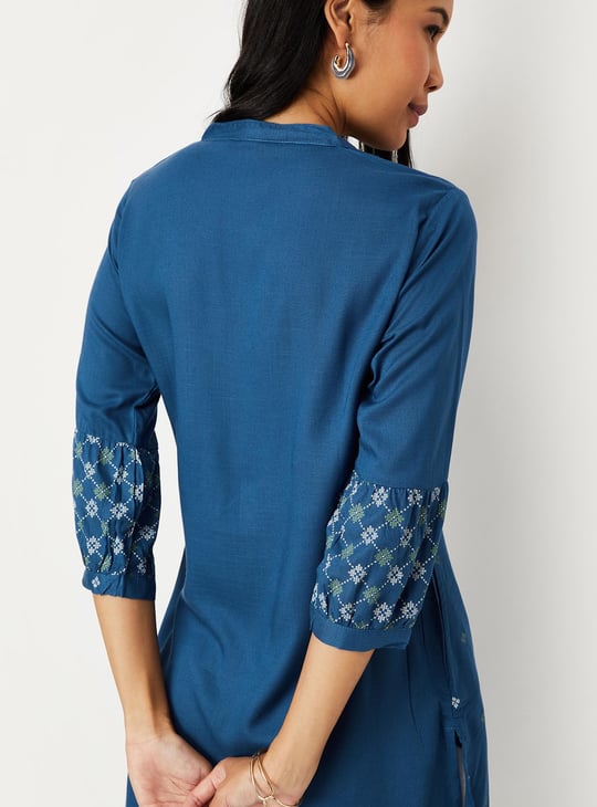 Women Cotton Printed Band Collar Kurta