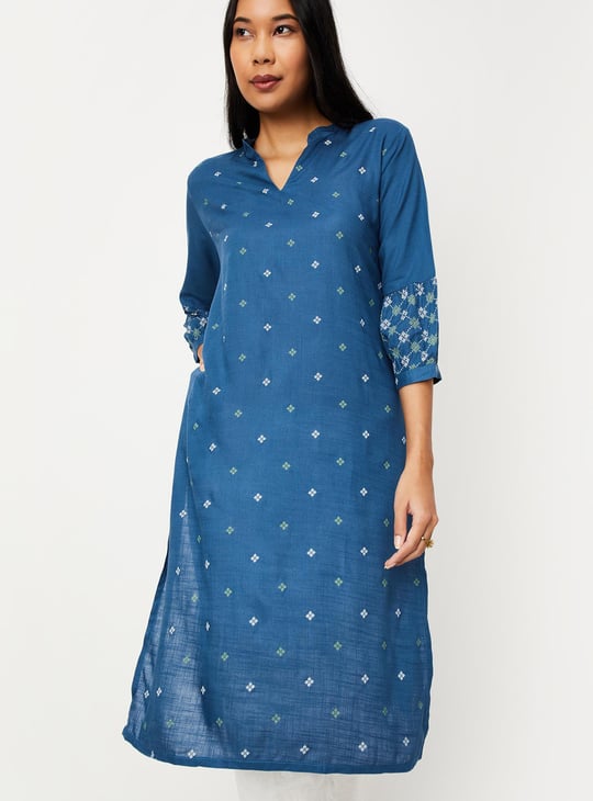 Women Cotton Printed Band Collar Kurta