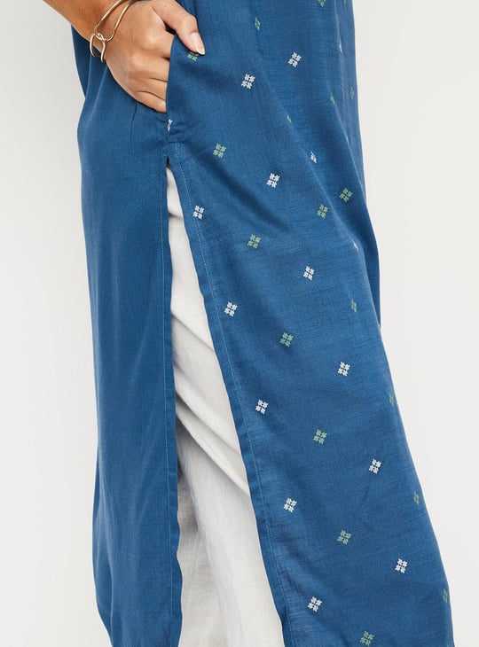 Women Cotton Printed Band Collar Kurta