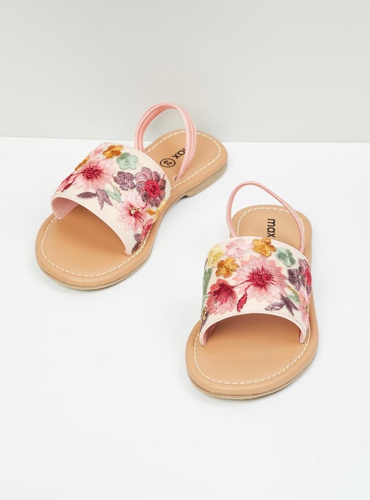 Girls Floral Embroidered Open Front Sandals 