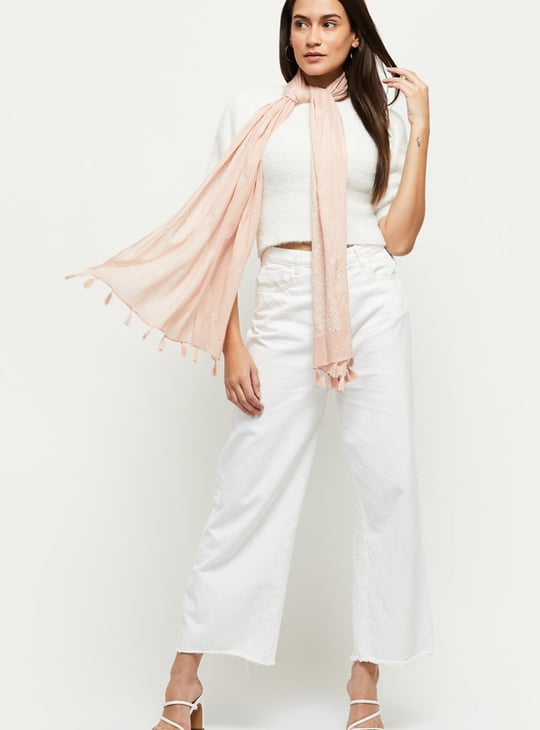 Women Embroidered Tassel Detail Scarf