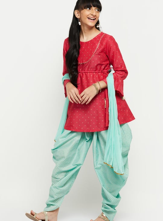 Girls Ethnic Print Kurti And Printed Harem Pant With Dupatta 
