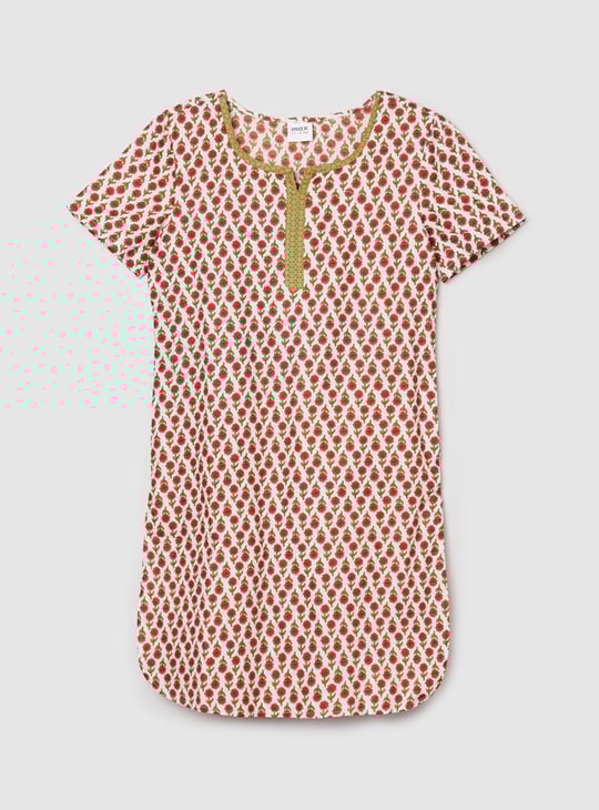 Girls Printed Notched Neck Straight Kurta 