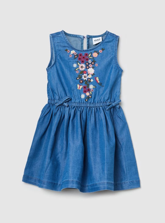 Girls Floral Embroidered Denim Dress