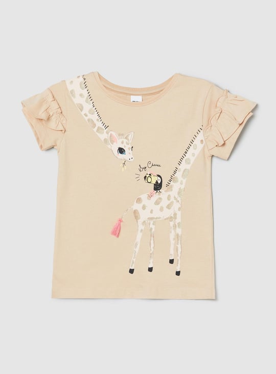 Girls Giraffe Printed Layered Sleeves Top 