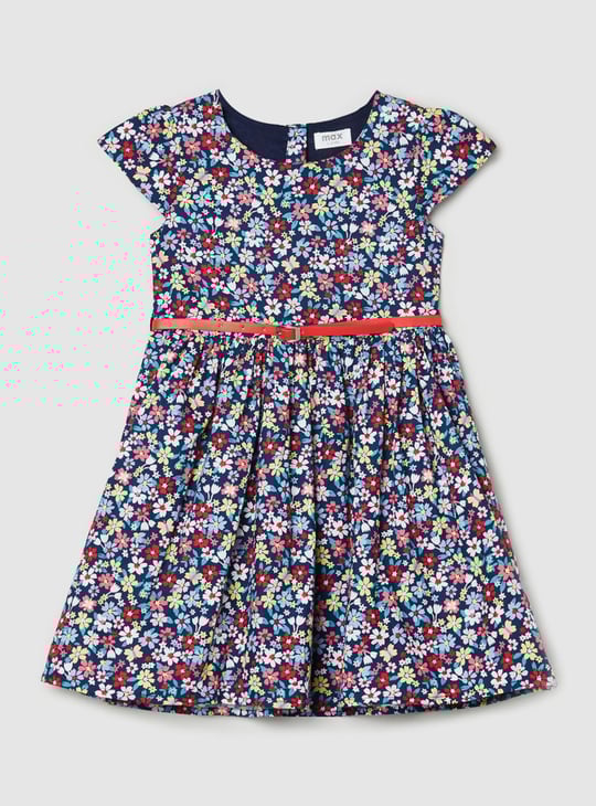 Girls Printed Round Neck A-Line Dress 